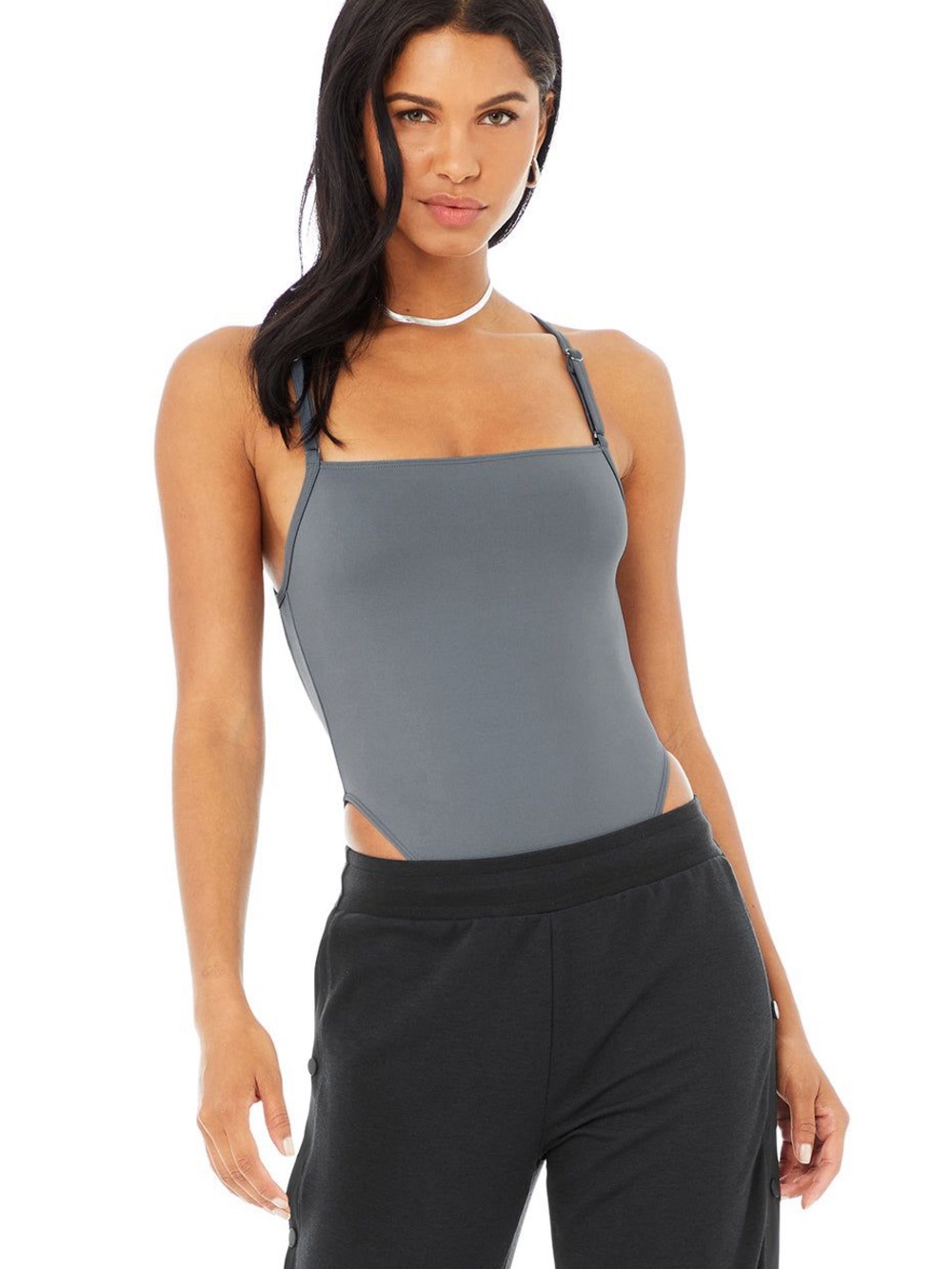 ALO Yoga Gray Square-Neck Bodysuit with Adjustable Straps